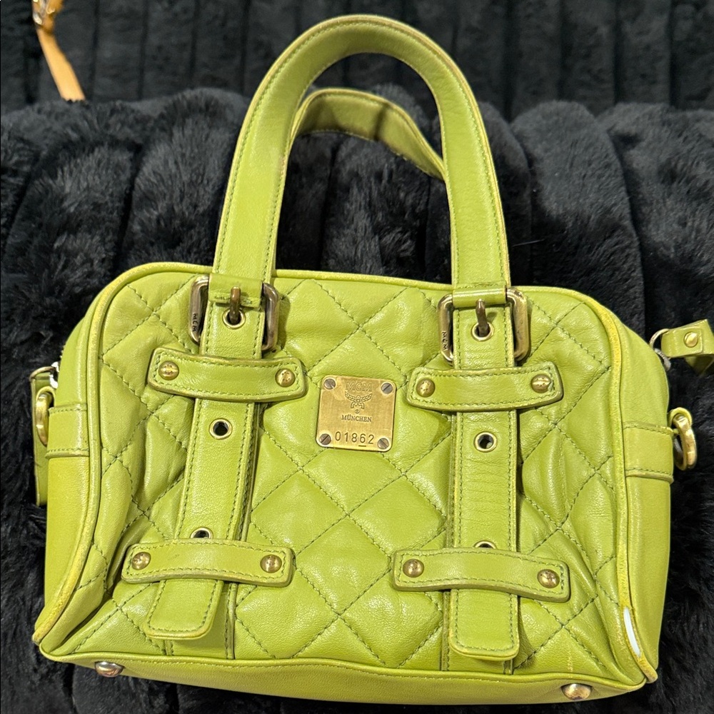MCM Lime Green Quilted Satchel